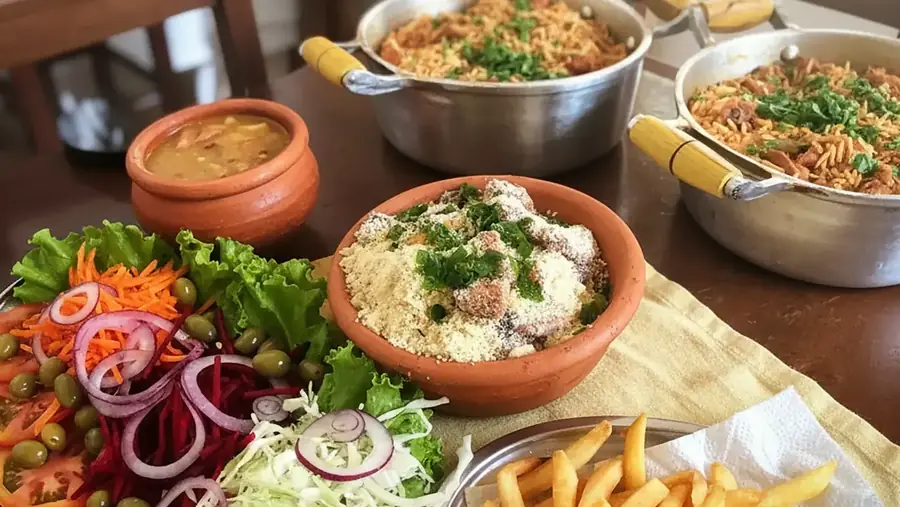 Mesa posta com arroz, feijão, salada e farofa